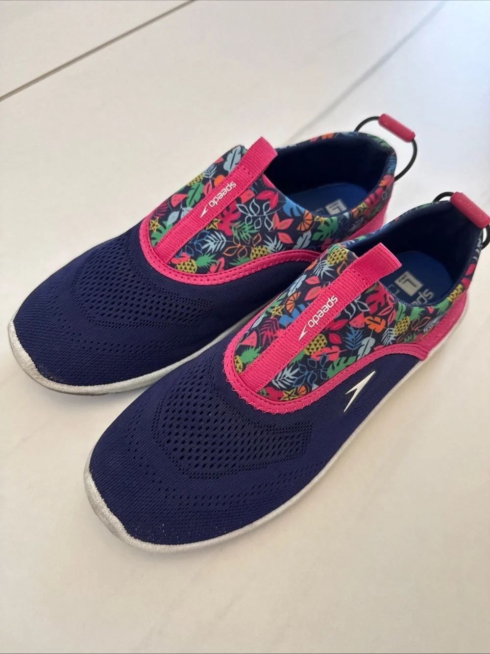 Speedo Navy and Pink Kids Slip-On Water Shoes with Tropical Print